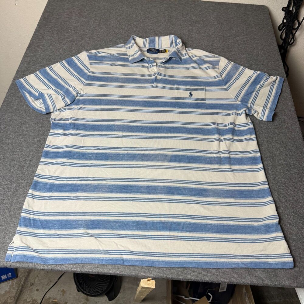 Polo Ralph Lauren Polo Shirt Mens 2XL Blue White Striped Cotton Classic Casual